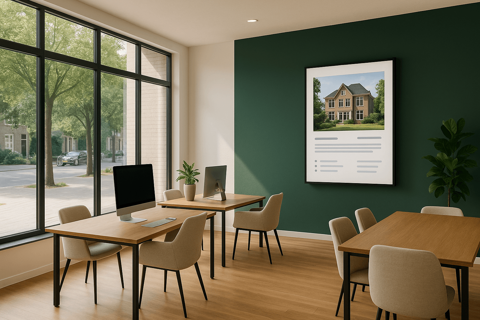 Modern makelaarskantoor met digitale vastgoedpresentaties