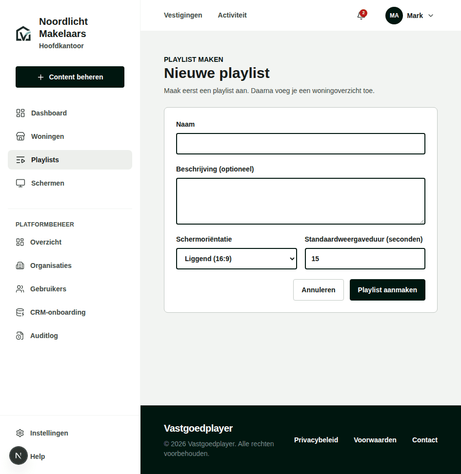 Playlist-editor in het Vastgoedplayer-portaal